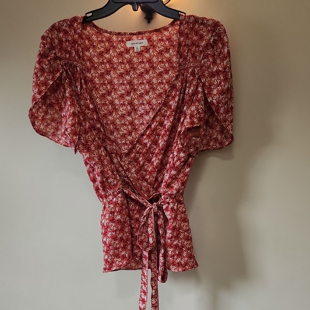 MAX STUDIO Red Floral Wrap Blouse